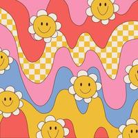 Cute hippie and groovy square background with daisy flowers and distorted waves and checkered pattern. Fashionable backgdrop in 70s, 80s style. Contour vector illustration.
