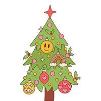 Retro groovy Christmas tree isolated on a white background. Hippie style sublimation print for holiday festive season in vintage style 60s, 70s. Linear vector illustration.