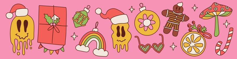 Merry Christmas groovy retro 70s elements set . Hippie holiday collection clip art hand drawing contour style. Santa hat, gingerbread, mushroom, gift modern trendy objects collection. Vector pack