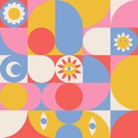Mid-century modern geometric 60 s and 70 s style vector seamles pattern. Checkered retro minimalist textile or fabric print with flowers. Vintage vector repetitive background, simple abstract poster