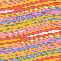 1960s Hippie background Design with wavy stripes. Trippy Retro Backdrop for Psychedelic 60s-70s Parties with Bright Acid Rainbow Colors and Groovy Geometric Wavy Pattern. Contour vector illustration