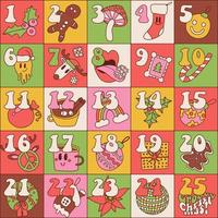 Groovy Christmas Advent calendar with hand drawn retro hippie elements. Xmas square Poster. Linear vector illustration for 25 december days.