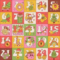 Groovy Christmas advent calendar square template. Trippy hippy retro holiday season decoration xmas day celebration. Contour hand drawn vector illustration