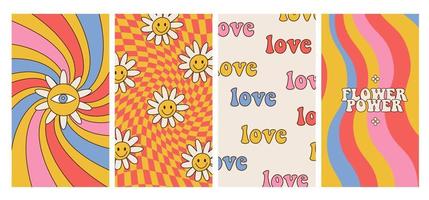 Groovy hippie 70s posters set. Funny cartoon flower power, rainbow, love, daisy, distorted checkered background. Vector cards in trendy retro psychedelic cartoon style.