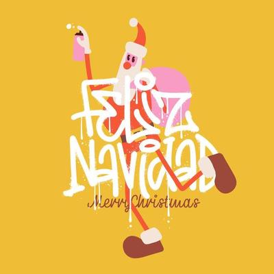 Christmas card or poster template with Santa Claus sprays Feliz Navidad holding spray can. Spanish translate - Merry Christmas. Handwritten textured sprayed phrase. Trendy Retro vector design