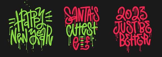 conjunto de citas de letras navideñas de graffiti. eslóganes decorativos para tarjetas de felicitación. Frase rociada con graffiti urbano texturizado. elemento de diseño de vector áspero de moda para decoraciones de navidad