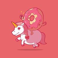 personaje de donut montando una ilustración de vector de unicornio. imaginación, concepto de diseño mítico y divertido.