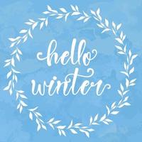 Merry christmas greetings hand lettering on watercolor blue background. Hello winter vector