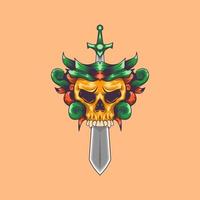 skull logo with sword and leaf ornament vector
