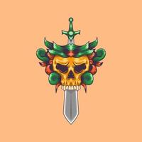 skull logo with sword and leaf ornament vector