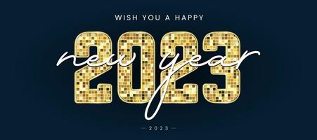 un feliz año nuevo 2023 cartas para el diseño de pancartas de celebración, conceptos de afiches azules de año nuevo de 2023 letras degradadas de oro sobre fondo azul oscuro. vector