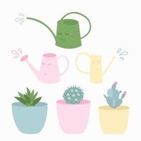 Houseplants, cacti and watering cans in trendy pastel colors. Home interior decor elements. Collection in flat style vector
