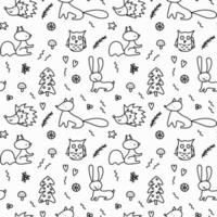 Forest animals and nature in doodle style. Seamless pattern vector