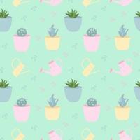 Houseplants, cacti and watering cans in trendy pastel colors. Seamless pattern vector