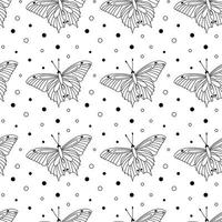 Butterflies and dots in a linear style. Seamless pattern vector