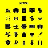 los iconos de glifo sólido médico establecidos para el kit de uxui móvil de infografía y el diseño de impresión incluyen ambulancia médico atención médica hospital corazón escáner médico estadística eps 10 vector