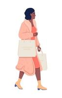 Fashionable lady in pink coat with purchases semi flat color vector character. Editable figure. Full body person on white. Simple cartoon style illustration for web graphic design and animation