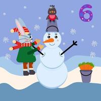 Sixth day of the New Year's advent calendar. A cute bunny is making a snowman. Vector flat cartoon illustration.