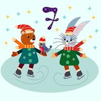 Seventh day of the New Year advent calendar. A hare and a bear cub with a bird are skating. Vector flat cartoon illustration.