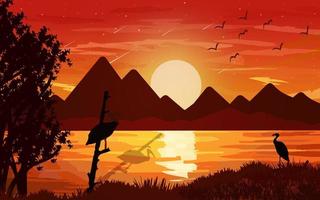 Sunset scene in forest. Glowing forest sky with Mountains and birds landscape background Illustration Mountains vector