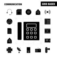 los iconos de glifo sólido de comunicación establecidos para infografías el kit de uxui móvil y el diseño de impresión incluyen computadora portátil dispositivo electrónico chat móvil sms colección de comunicación infografía moderna vector