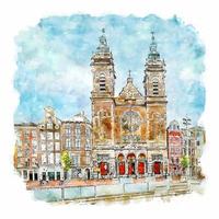 Amsterdam Netherlands Watercolor sketch hand drawn illustration vector