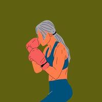 Woman in boxing gloves posing at punching bag in sportswear. Girl power concept. Cartoon vector illustration