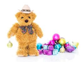 Teddy bear with gifts and ornaments christmas photo