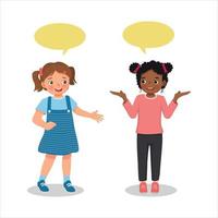 happy two cute kids little girls talking each other with speech bubble vector