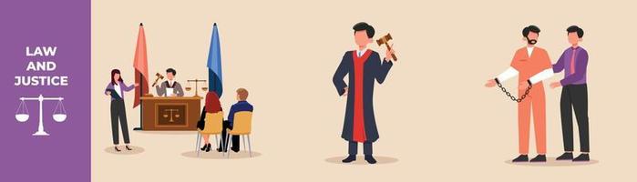 Court of Law Trial, Judges man and Defendant in handcuffs. Law set concept. Flat vector illustrations isolated.