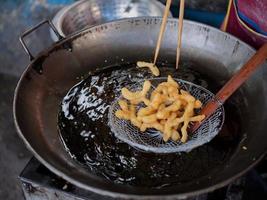 Die cut of Deep fried Chinese Doughnut in an big oil pan photo