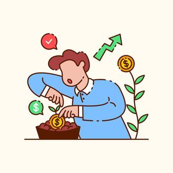 hombre plantando monedas de dólar. ilustración del concepto de inversión y crecimiento empresarial vector