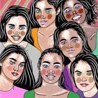 primer plano de hermosas chicas, nacionalidad diferente, colores brillantes, arte pop vector