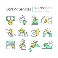 Banking services RGB color icons set. Financial products for customers. Isolated vector illustrations. Simple filled line drawings collection. Editable stroke.