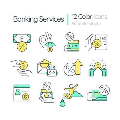 Banking services RGB color icons set. Financial products for customers. Isolated vector illustrations. Simple filled line drawings collection. Editable stroke.