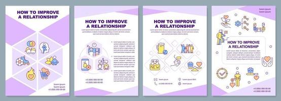 How to improve relationship purple brochure template. Leaflet design with linear icons. Editable 4 vector layouts for presentation, annual reports.