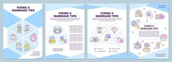 Fixing marriage tips blue brochure template. Renew old love. Leaflet design with linear icons. Editable 4 vector layouts for presentation, annual reports.