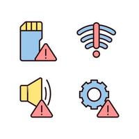 Hardware issues pixel perfect RGB color icons set. Settings problem. Sound device breakdown. Storage capacity. Isolated vector illustrations. Simple filled line drawings collection. Editable stroke