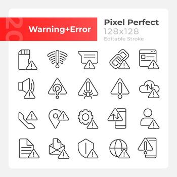 Warning signals pixel perfect linear icons set. Problem and issue. Electronic device breakage. Risk prevention. Customizable thin line symbols. Isolated vector outline illustrations. Editable stroke