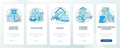 Home building phases blue onboarding mobile app screen. Construction walkthrough 5 steps editable graphic instructions with linear concepts. UI, UX, GUI template. vector