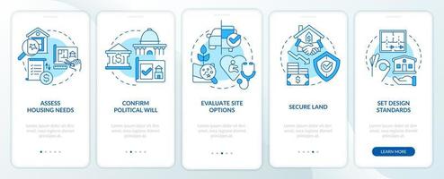 Housing development tips blue onboarding mobile app screen. Project walkthrough 5 steps editable graphic instructions with linear concepts. UI, UX, GUI template. vector