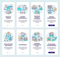 Hybrid workplace onboarding mobile app screen set. Transformation walkthrough 5 steps editable graphic instructions with linear concepts. UI, UX, GUI template. vector