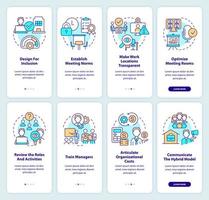 Hybrid workplace onboarding mobile app screen set. Transformation walkthrough 5 steps editable graphic instructions with linear concepts. UI, UX, GUI template. vector