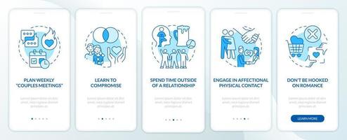 Live-in relationship tips for couple blue onboarding mobile app screen. Walkthrough 5 steps editable graphic instruction with linear concepts. UI, UX, GUI template. vector