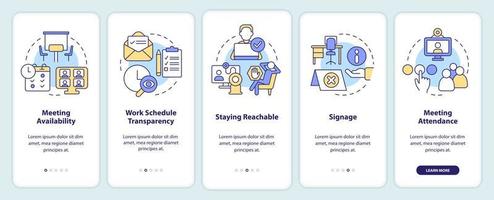 ubicaciones de trabajo y horarios que incorporan la pantalla de la aplicación móvil. tutorial 5 pasos instrucciones gráficas editables con conceptos lineales. interfaz de usuario, ux, plantilla de interfaz gráfica de usuario. vector