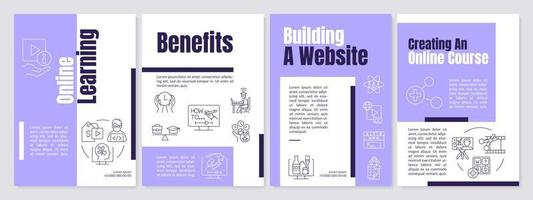 Online learning purple brochure template. Internet courses. Leaflet design with linear icons. Editable 4 vector layouts for presentation, annual reports.