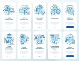 Consejos para el conjunto de pantallas de aplicaciones móviles de incorporación azul de desarrollo de viviendas. tutorial 5 pasos instrucciones gráficas editables con conceptos lineales. interfaz de usuario, ux, plantilla de interfaz gráfica de usuario. vector