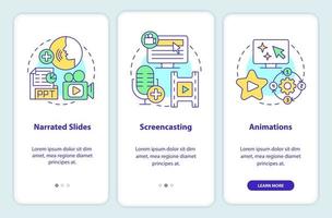 Online video methods onboarding mobile app screen. Walkthrough 3 steps editable graphic instructions with linear concepts. UI, UX, GUI template. vector