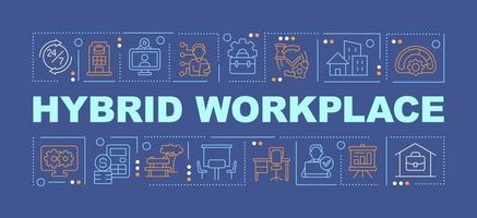 Hybrid workplace word concepts dark blue banner. Corporate culture. Infographics with editable icons on color background. Isolated typography. Vector illustration with text.