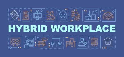 Hybrid workplace word concepts dark blue banner. Corporate culture. Infographics with editable icons on color background. Isolated typography. Vector illustration with text.
